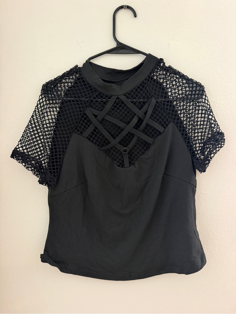 SHEIN Black Short Sleeve Mesh Top with Lattice Front